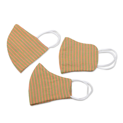 Cotton face masks, 'Melon with Lime' (set of 3) - 2 Contoured & 1 Conical Green and Orange Stripe Cotton Masks