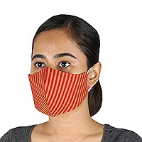 Cotton face masks, 'Caramel Apple' (set of 3) - 2 Contoured & 1 Conical Red and Brown Striped Cotton Masks