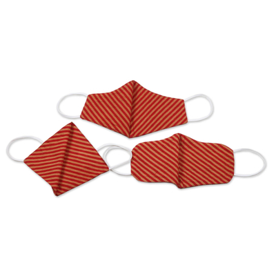 Cotton face masks, 'Caramel Apple' (set of 3) - 2 Contoured & 1 Conical Red and Brown Striped Cotton Masks