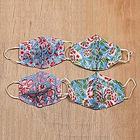 Cotton face masks, 'Blossoms on Blue' (set of 4) - 4 Handmade 2-Layer Blue & Red Cotton Masks with Block Prints
