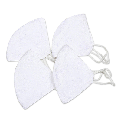 Cotton face masks 'White Morning Blossoms' (set of 4) - 4 Cotton 2-Layer Chikankari Embroidery Face Masks from India