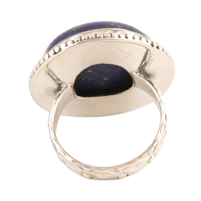 Lapis lazuli cocktail ring, 'Regal Moon' - Sterling Silver Lapis Lazuli Round Cabochon Ring