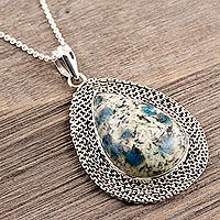Jasper pendant necklace, 'Appealing Charm' - Pear-Shaped Bezel Set Blue Jasper Silver Pendant Necklace