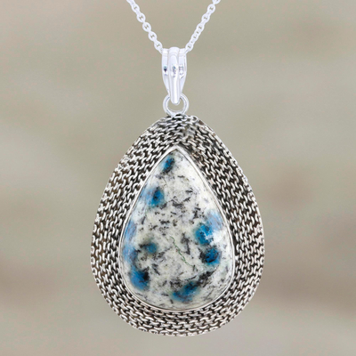 Jasper pendant necklace, 'Appealing Charm' - Pear-Shaped Bezel Set Blue Jasper Silver Pendant Necklace