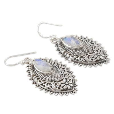 Rainbow moonstone dangle earrings, 'Misty Fantasy' - Rainbow Moonstone Cabochon Sterling Silver Dangle Earrings