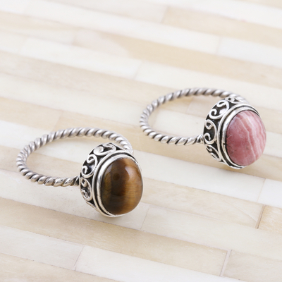 Rhodochrosite and tiger's eye rings, 'Hearts in Harmony' (pair) - Pair of Silver Rings with Rhodochrosite and Tiger's Eye