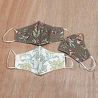 Cotton face masks, 'Traditional Blossoms' (set of 3) - 3 Stylized Floral Motif Cotton Ear Loop 2-Layer Masks