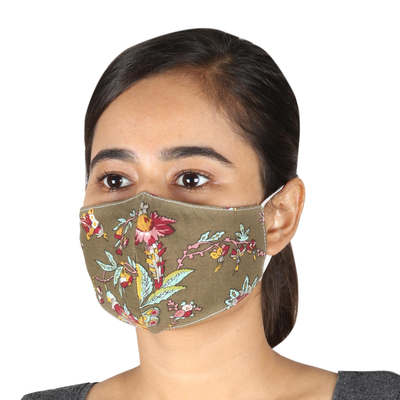 Gesichtsmasken aus Baumwolle, (3er-Set) - 3 2-lagige Ohrschlaufenmasken aus Baumwolle mit stilisiertem Blumenmotiv