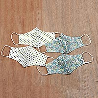 Cotton face masks, 'Polka Dot Garden Party' (set of 4) - 4 Cotton Floral & Dotted Ear Loop 2-Layer Face Masks