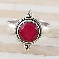 Chalcedon-Cocktailring, „Pink Summer Moon“ – Facettierter rosa Chalcedon-Cocktailring aus Sterlingsilber