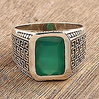 Men's onyx ring, 'Green Greek Key'