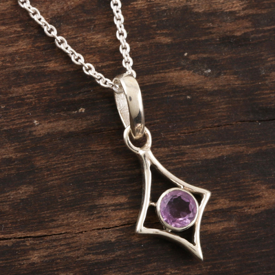 Amethyst pendant necklace, 'Lilacs' - Sterling Silver and Bezel Set Amethyst Pendant Necklace