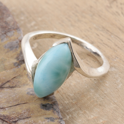 Larimar cocktail ring, 'Marquise Mantra' - Marquise Larimar Cabochon Sterling Silver Ring