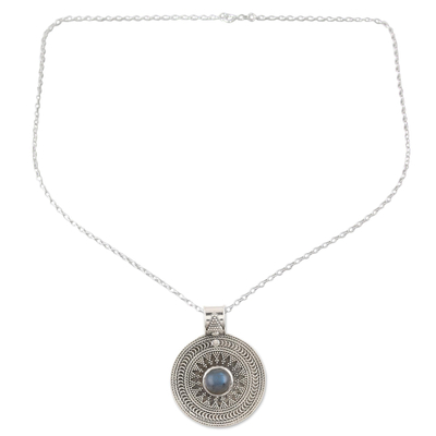Labradorite pendant necklace, 'Lunar Love' - Sterling Silver Medallion Pendant with Labradorite Cabochon