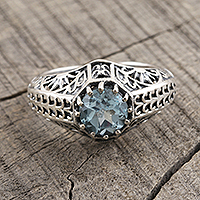 Blue topaz single-stone ring, 'Crown of Tendrils' - Sterling Silver and Faceted Blue Topaz Ring