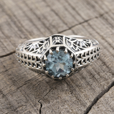 Blue topaz single-stone ring, 'Crown of Tendrils' - Sterling Silver and Faceted Blue Topaz Ring