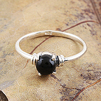 Onyx solitaire ring, 'Magical Orb' - Black Onyx Cabochon Sterling Silver Ring
