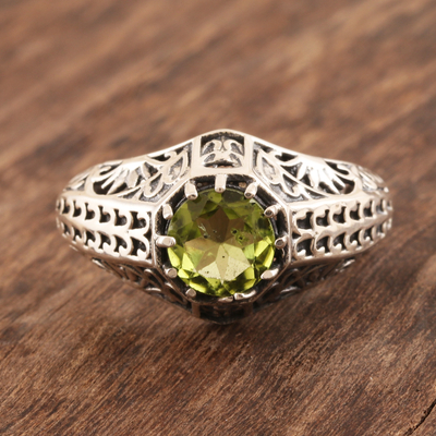 Peridot cocktail ring, 'Green-Eyed Glory' - Handmade Sterling Silver Domed Ring with Faceted Peridot