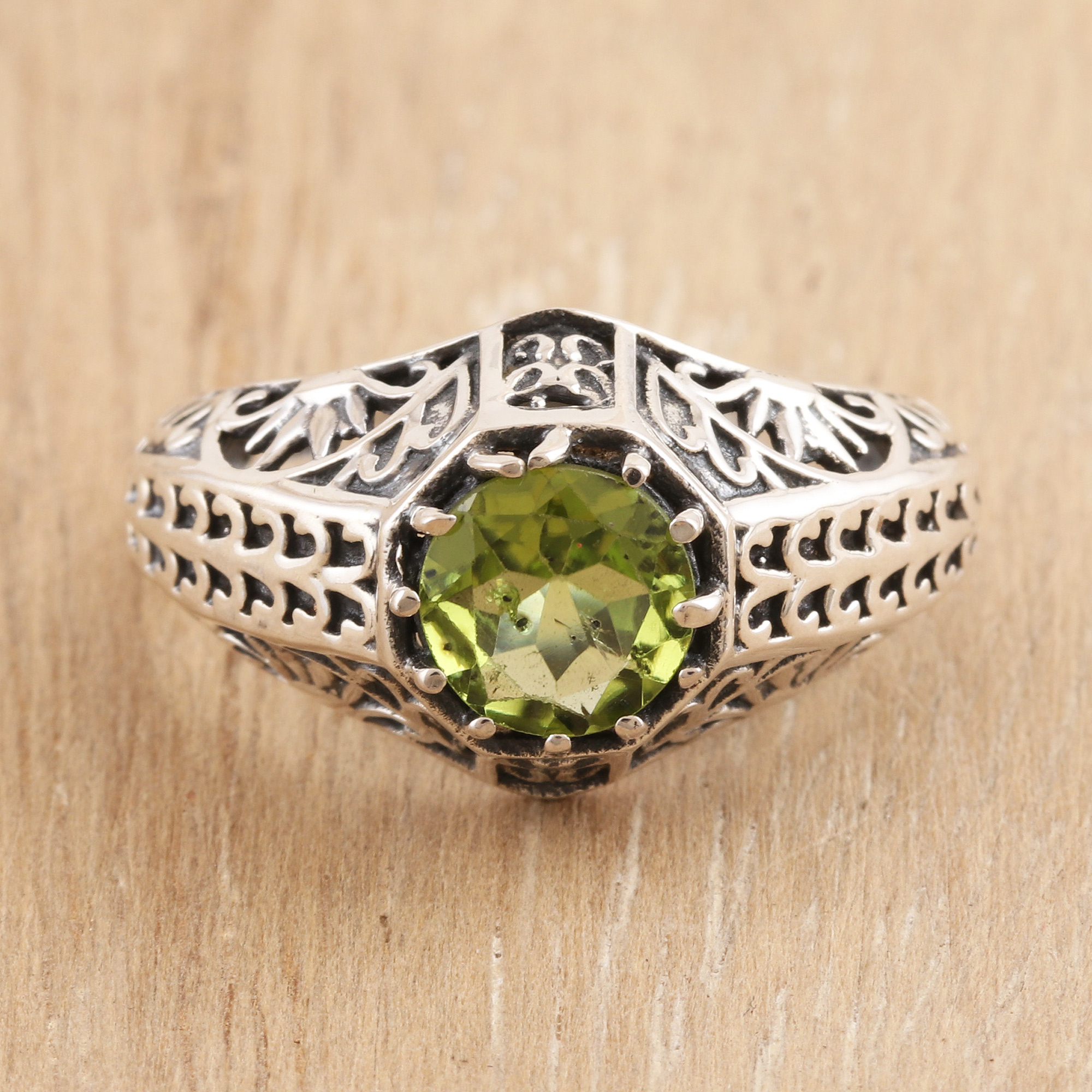 Handmade Sterling Silver Domed Ring with Faceted Peridot GreenEyed Glory NOVICA