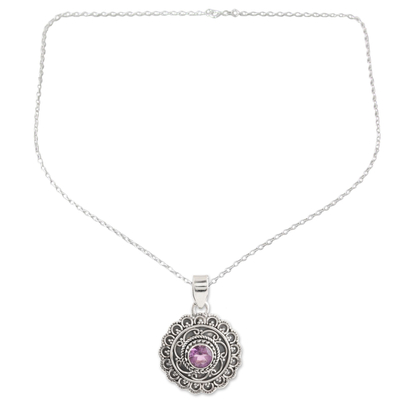 Amethyst pendant necklace, 'Your Majesty' - Sterling Silver Amethyst Medallion Pendant Necklace