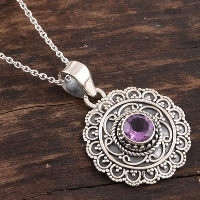 Amethyst pendant necklace, 'Your Majesty' - Sterling Silver Amethyst Medallion Pendant Necklace