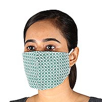 Cotton face masks, 'Emerald Pinwheels' (set of 3) - 3 Green & White Cotton Print Masks with Ear Loops