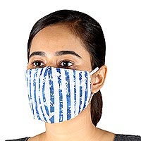 Cotton face masks, 'Azure Whisper' (set of 3) - 3 Blue & White Cotton Stripe 2-Layer Masks with Ear Loops