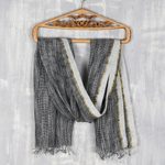 Linen shawl, 'Timeless Charm in Black' - 100% Linen Shawl in Black and White with Golden Accent