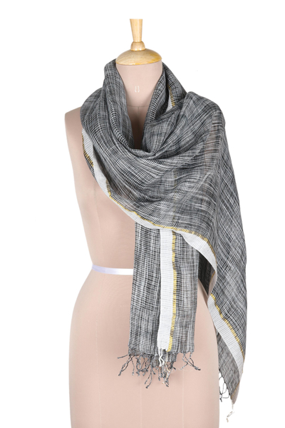 Linen shawl, 'Timeless Charm in Black' - 100% Linen Shawl in Black and White with Golden Accent