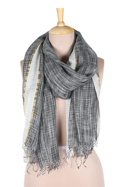 Linen shawl, 'Timeless Charm in Black' - 100% Linen Shawl in Black and White with Golden Accent