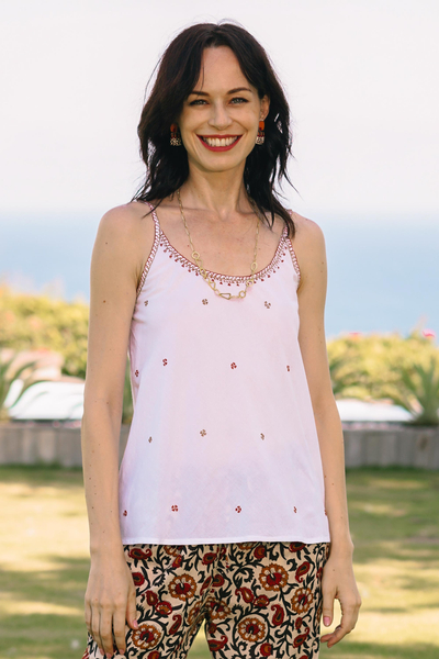 Embroidered camisole-style tank top, Summer Blooms in Russet