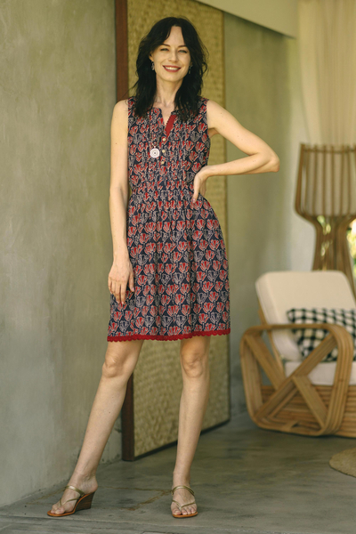 Sleeveless cotton dress, 'Tulip Delight' - Blue and Red Print A-Line Cotton Dress