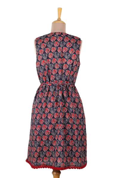 Sleeveless cotton dress, 'Tulip Delight' - Blue and Red Print A-Line Cotton Dress