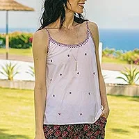 Camiseta sin mangas de algodón bordada, 'Summer Blooms' - Camiseta sin mangas estilo camisola bordada