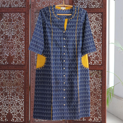 Hemdblusenkleid aus Baumwolle - Marineblau bedrucktes Baumwollhemdkleid aus Indien