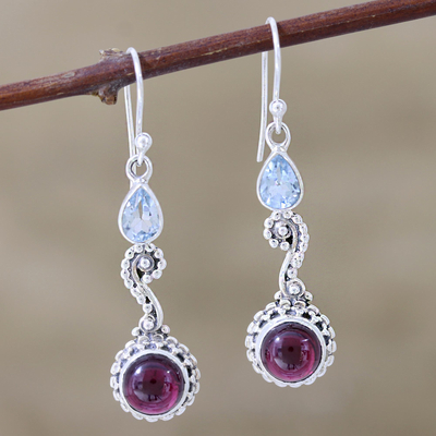 Garnet and blue topaz dangle earrings, Right Combination