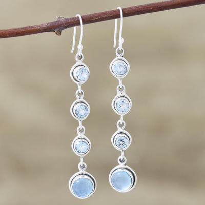 Blue topaz and chalcedony dangle earrings, 'Blue Showers' - Blue Topaz and Chalcedony Earrings from India