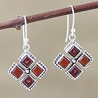 Garnet and carnelian dangle earrings, 'Quadrangle' - Dangle Earrings with Garnet and Carnelian