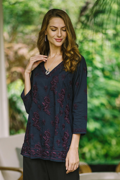 Embroidered cotton tunic, 'Lucknow Blossoms' - Hand Embroidered Navy Tunic with Maroon Flowers