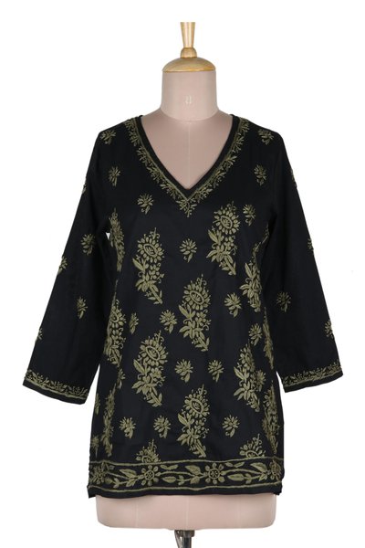 Embroidered cotton tunic, 'Midnight in the Garden' - Black Cotton Tunic with Hand Embroidered Details