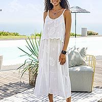 White Embroidered Cotton Sundress with Spaghetti Straps,'Summer Paisley in White'