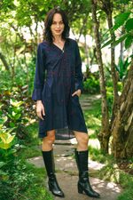 Embroidered cotton shirtdress, 'Lucknow Blossoms' - High-Low Dark Blue Embroidered Cotton Shirtdress