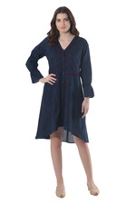 Embroidered cotton shirtdress, 'Lucknow Blossoms' - High-Low Dark Blue Embroidered Cotton Shirtdress