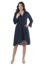 Embroidered cotton shirtdress, 'Lucknow Blossoms' - High-Low Dark Blue Embroidered Cotton Shirtdress