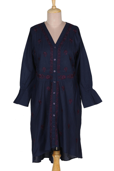Embroidered cotton shirtdress, 'Lucknow Blossoms' - High-Low Dark Blue Embroidered Cotton Shirtdress
