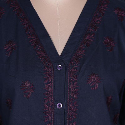 Embroidered cotton shirtdress, 'Lucknow Blossoms' - High-Low Dark Blue Embroidered Cotton Shirtdress