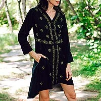 Embroidered cotton shirtdress, 'Lucknow Bouquet' - Cotton High-Low Shirtdress with Embroidery