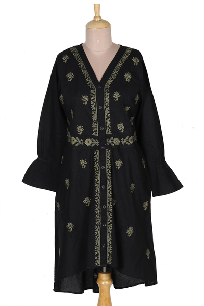 Embroidered cotton shirtdress, 'Lucknow Bouquet' - Cotton High-Low Shirtdress with Embroidery