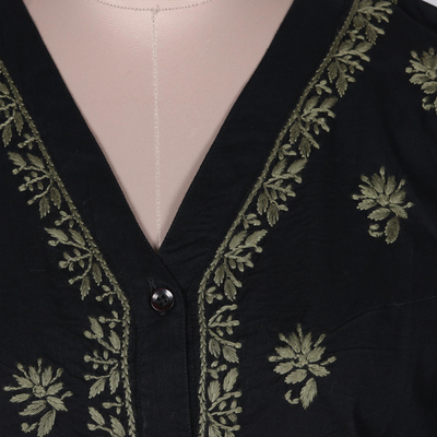 Embroidered cotton shirtdress, 'Lucknow Bouquet' - Cotton High-Low Shirtdress with Embroidery