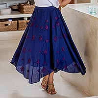 Falda de pañuelo de algodón bordada, 'Navy Bouquet' - Falda con dobladillo de pañuelo bordado azul medianoche